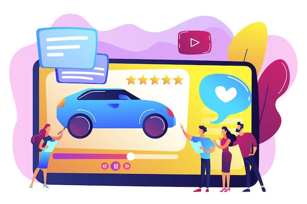 顧客は、専門家によるビデオや評価星付きの最新の自動車レビューを好みます。車のレビュービデオ、試乗チャンネル、自動ビデオ広告のコンセプト。明るく鮮やかな紫の孤立したイラスト