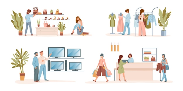 Customers shopping. cartoon people characters searching for fashion clothes, shoes and buying stuff at garments shop. seller consults man in electronics store. vector scenes with buyers at boutique