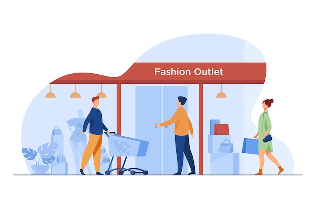 Customers walking into fashion outlet. Shoppers, entrance, cart, window flat vector illustration. Consumerism, clothes purchase, retail concept 