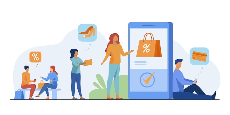 Free Vector customers with phones shopping online