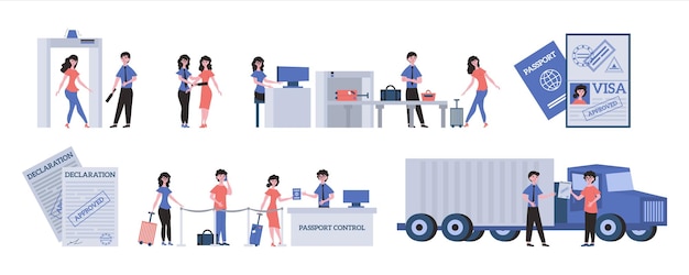 Free vector customs control flat set with passengers passing through passport control in airport and trucker submitting declarations isolated vector illustration