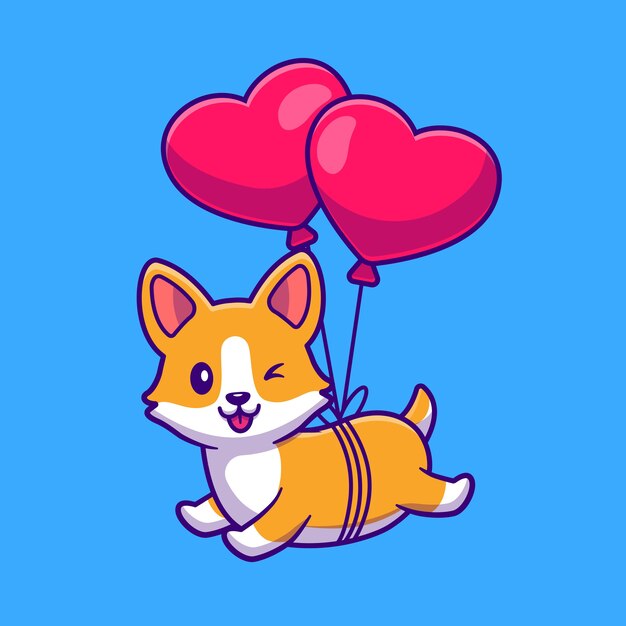Cut Corgi Dog Floating With Heart Love Balloon Cartoon Icon Illustration.