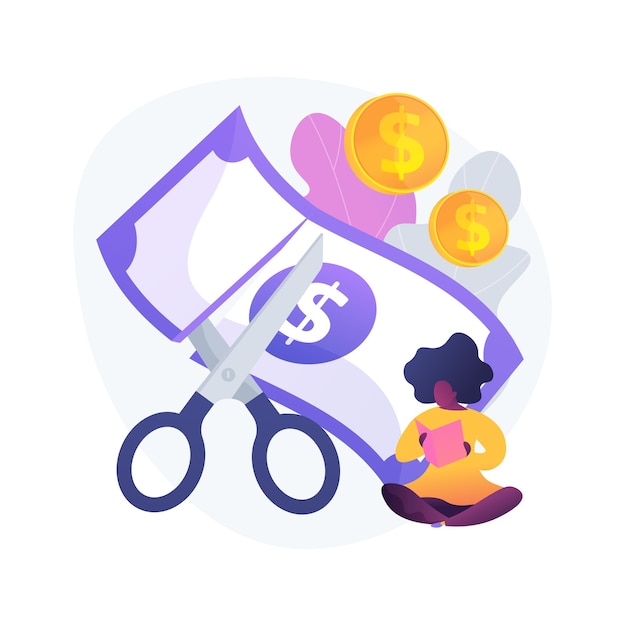 Free vector cut price. bargain offering. reduced cost. discount, low rate, special promo. scissors dividing banknote. crisis and bankruptcy. cheapness in market. vector isolated concept metaphor illustration.