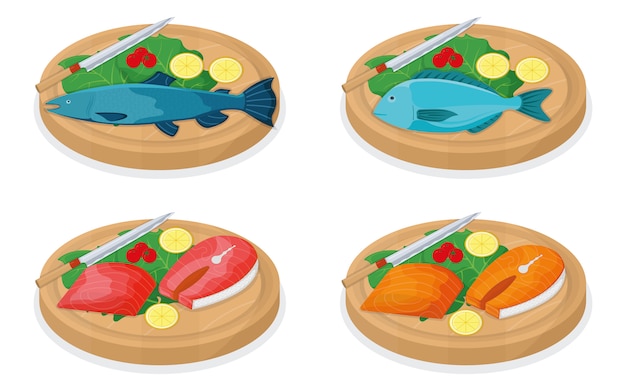 サーモン 生の魚のスライス 白い背景で隔離の肉ステーキのセット 漫画イラスト プレミアムベクター サーモン 生の魚のスライス 白い背景で隔離の肉ステーキのセット 漫画イラスト プレミアムベクター