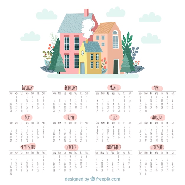 Free vector cute 2018 calendar with houses