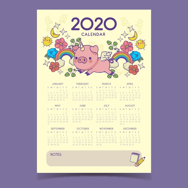 Free vector cute 2020 calendar template