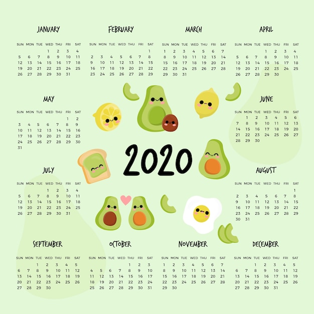 Бесплатное векторное изображение Симпатичный шаблон календаря 2020