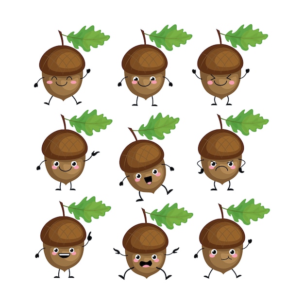 さまざまな放出イラストが設定されたかわいいドングリのキャラクター 面白いナッツ かわいいどんぐり プレミアムベクター