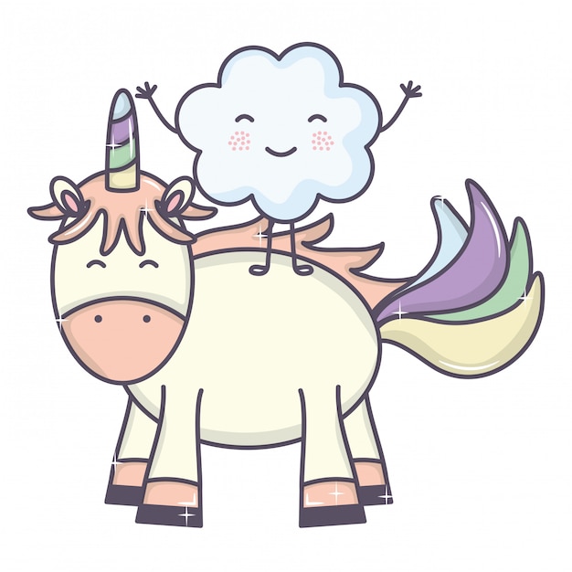 Vettore gratuito carino adorabile unicorno e nuvola kawaii personaggi fata