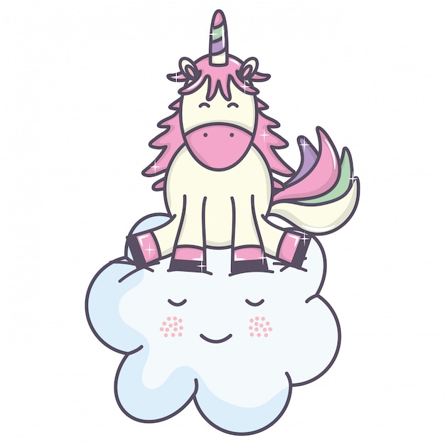 Vettore gratuito carino adorabile unicorno e nuvola kawaii personaggi fata