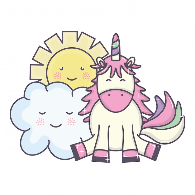 Cute adorable unicorn and clouds and sun kawaii characters