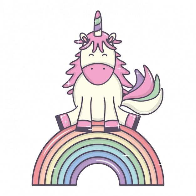 Free vector cute adorable unicorn and rainbow