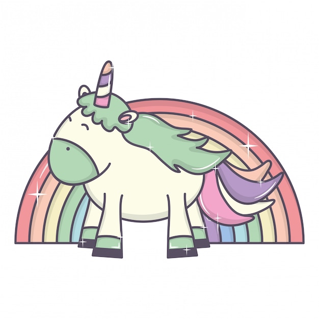 Free vector cute adorable unicorn and rainbow