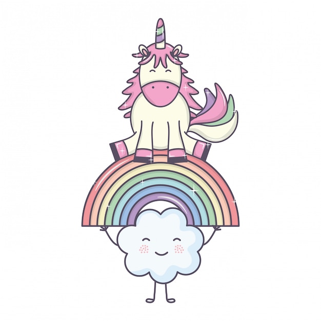 Free vector cute adorable unicorn with clouds and rainbow