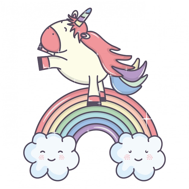 Free vector cute adorable unicorn with clouds and rainbow