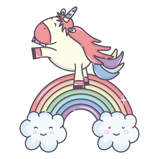 Cute adorable unicorn with clouds and rainbow