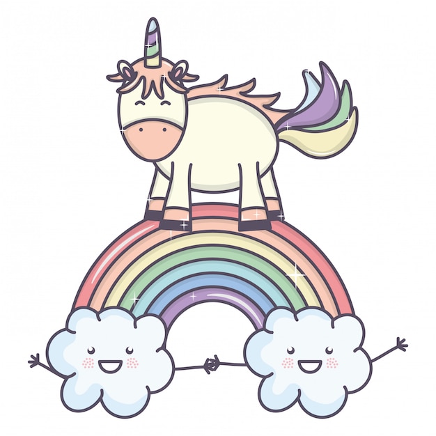 Vettore gratuito carino unicorno adorabile con nuvole e arcobaleno