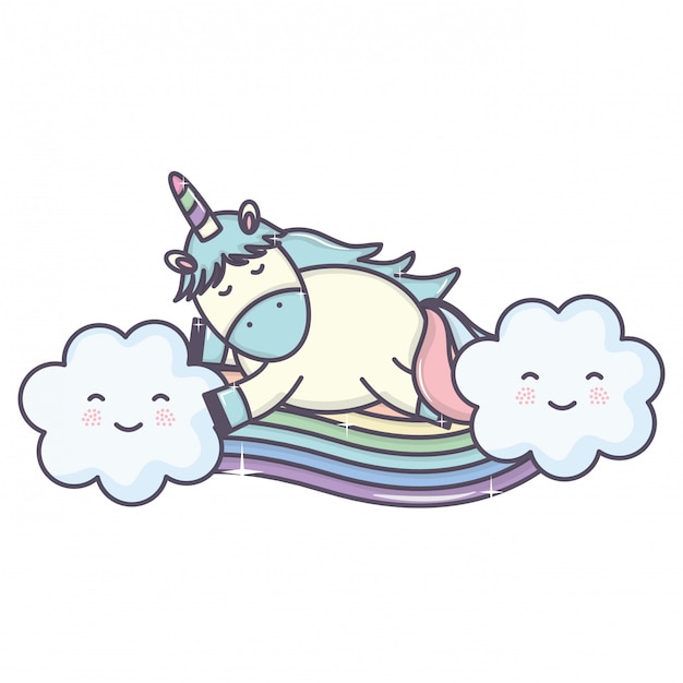Cute adorable unicorn with clouds and rainbow