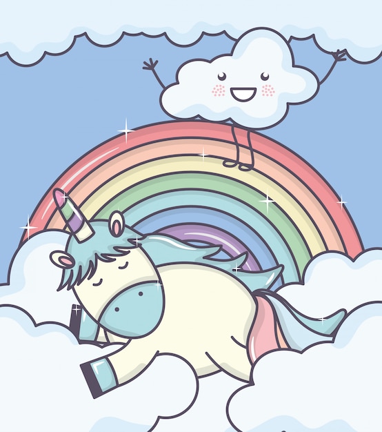 Cute adorable unicorn with clouds and rainbow