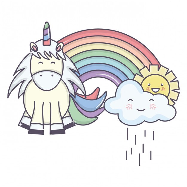 Cute adorable unicorn with clouds rainy and rainbow