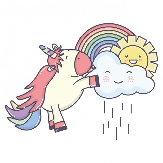 Cute adorable unicorn with clouds rainy and rainbow