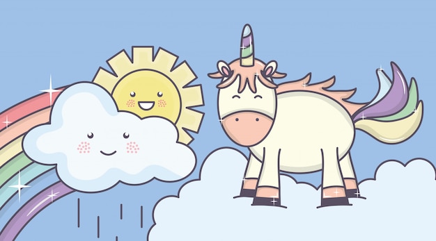 Carino unicorno adorabile con nuvole soleggiate e arcobaleno