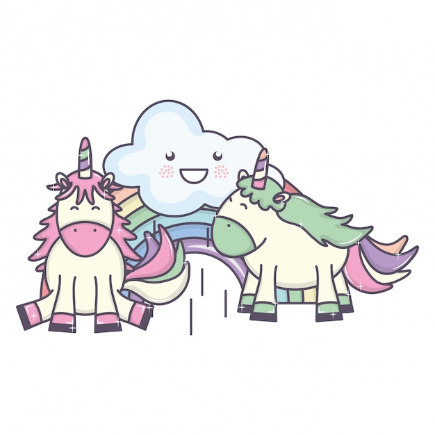 Free vector cute adorable unicorns with clouds and rainbow kawaii