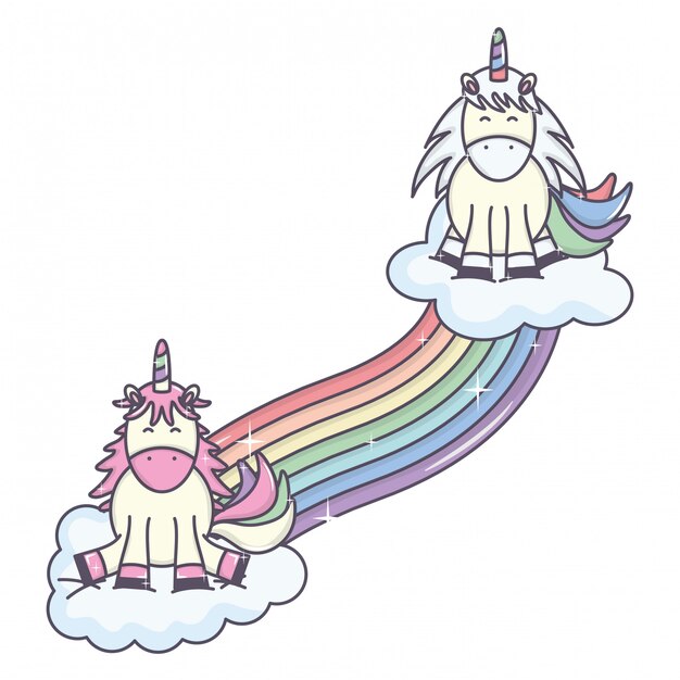 Cute adorable unicorns with clouds and rainbow