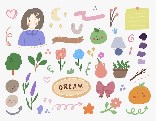 弾丸ジャーナルノート要素の女の子と花の落書きアートで設定されたかわいい美的韓国語ステッカー プレミアムベクター