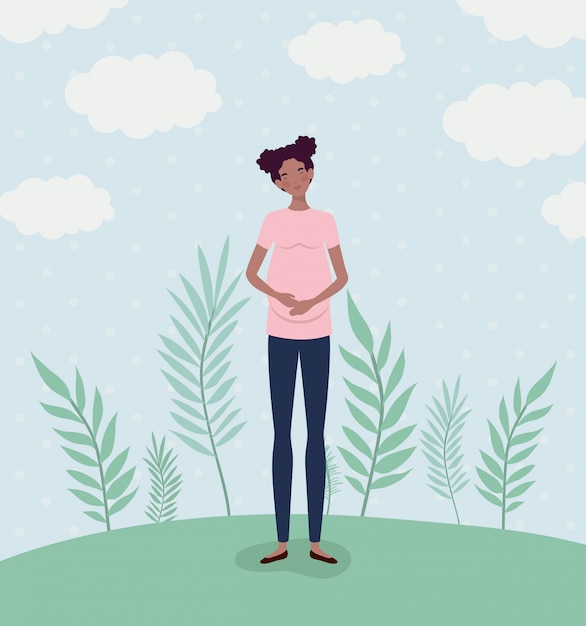 Free vector cute afro woman pregnancy in the landscape