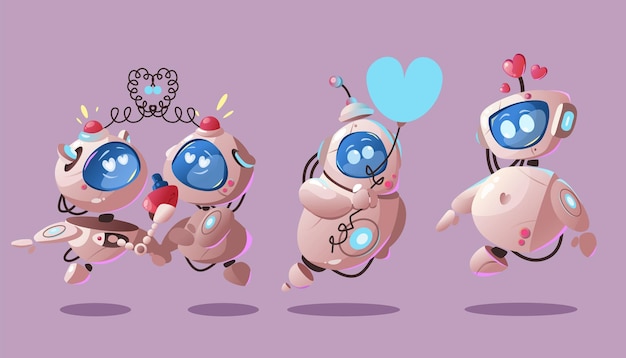 Free vector cute ai robot bot character fall in love cartoon illustration happy technology mascot design with heart female and male artificial intelligence feelings and sympathy valentine cyborg emotion