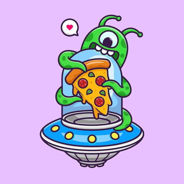 Cute alien bite pizza in ufo cartoon vector icon illustration\
science food icon concept isolated