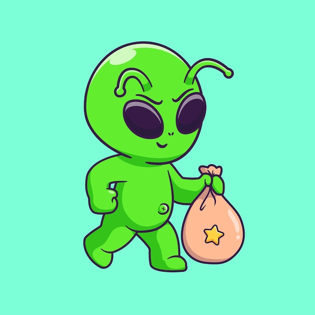 Cute alien bring star bag cartoon vector icon illustration. science technology icon concept isolated