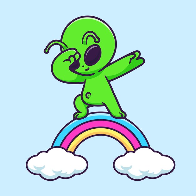 Cute Alien Dabbing On Rainbow Cartoon Vector Icon Illustration Science Technology Icon Isolated Flat