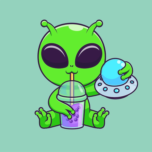 Vettore gratuito alien carino che beve tè al latte boba con icona vettoriale di cartoni animati ufo illustrazione scientifica bevanda isolata