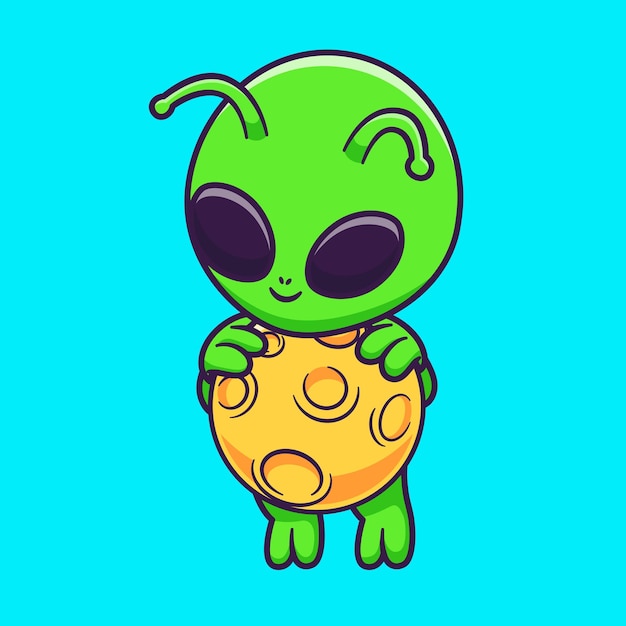 Cute Alien Flying With Moon Cartoon Vector Icon Illustration Science Technology Icon Isolated