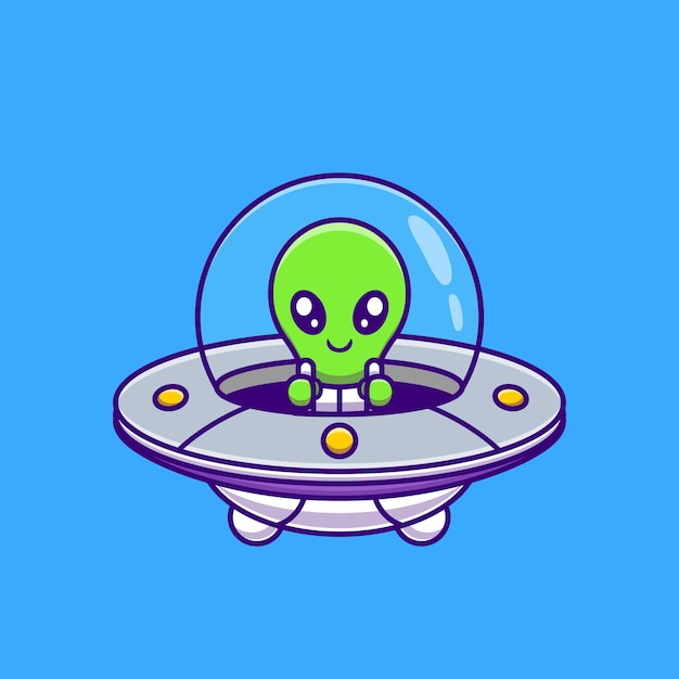 우주선 Ufo 만화와 함께 귀여운 외계인 비행. 과학 기술 아이콘 개념입니다. 플랫 만화 스타일