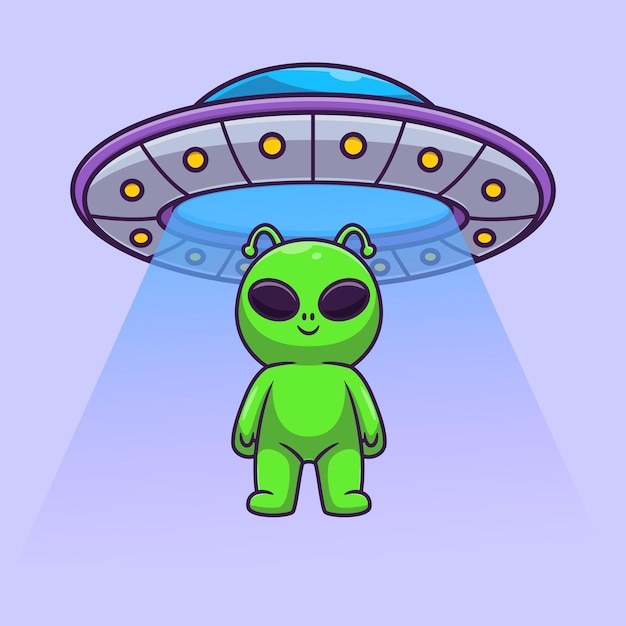 Cute alien flying with ufo cartoon vector icon illustration.\
science technology icon isolated flat