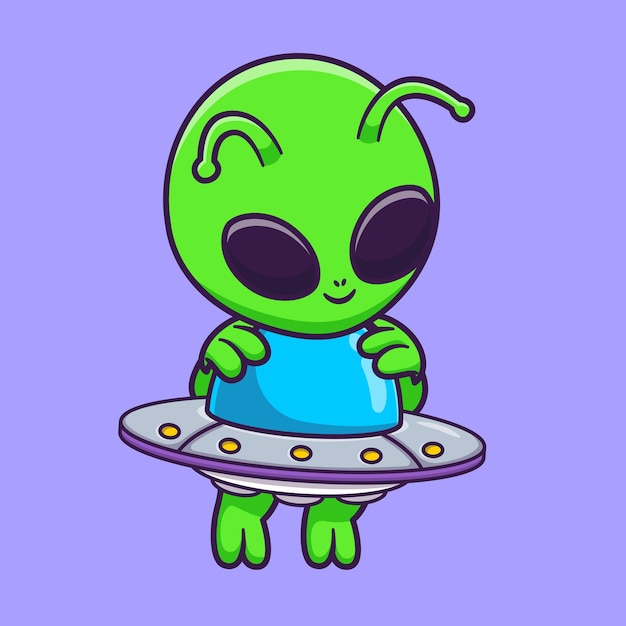 Cute alien flying with ufo cartoon vector icon illustration science technology icon isolated