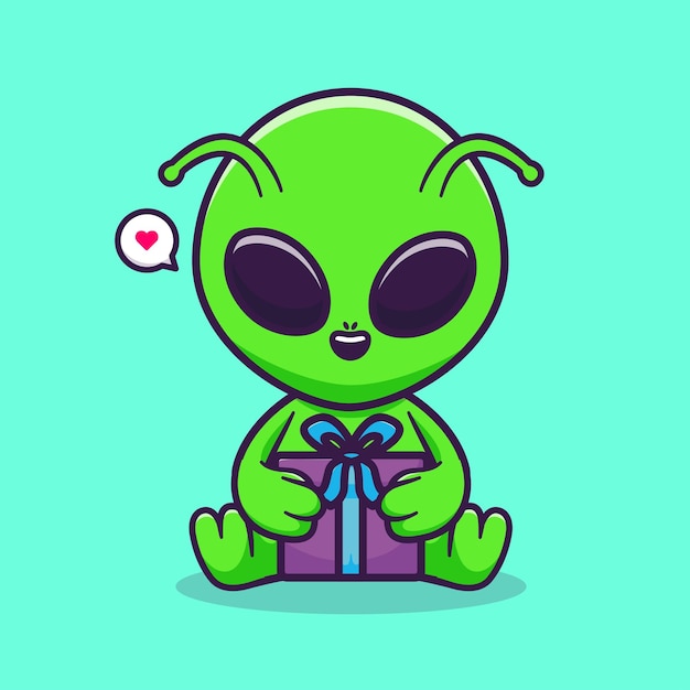 Cute alien holding gift box cartoon vector icon illustration science holiday icon concept isolated