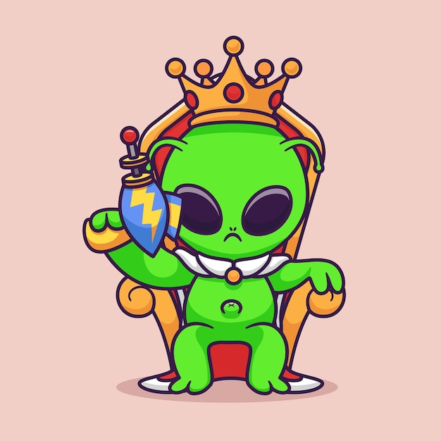 Free vector cute alien king sitting on throne with crown cartoon vector icon illustration science finance flat