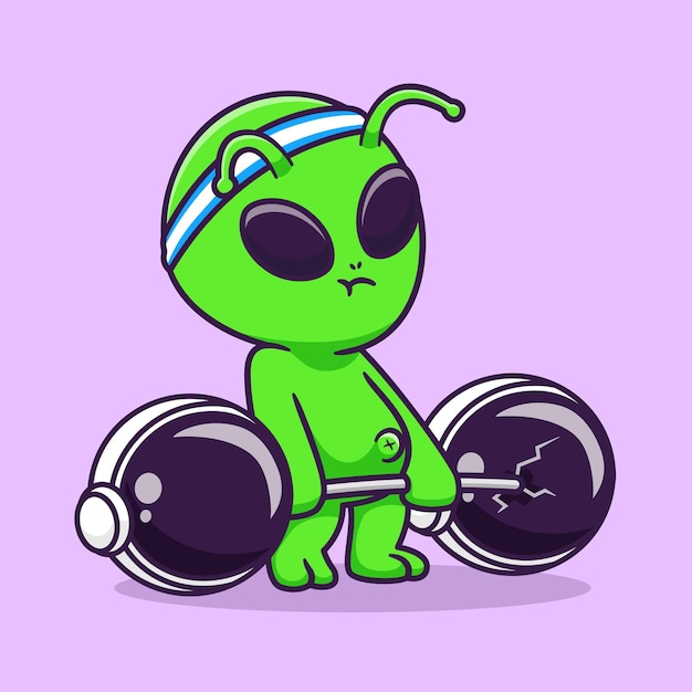 Cute alien lifting astronaut helmet barbell cartoon vector icon illustration science sport isolated