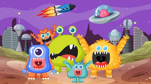 Cute alien monster cartoon friends in outer space