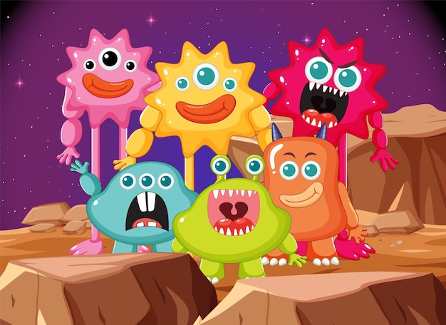 Cute alien monster friends in outer space