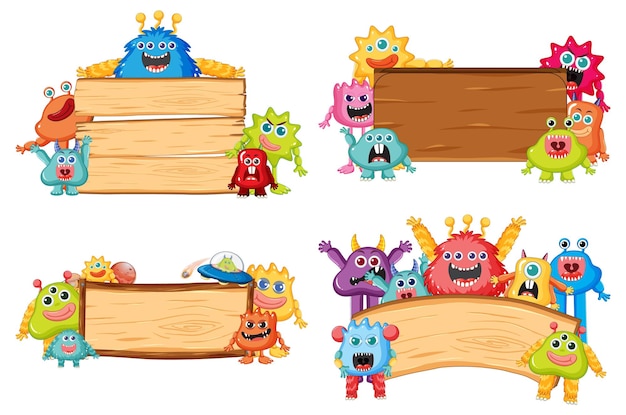 Cute Alien Monsters Cartoon Next to Wooden Frame