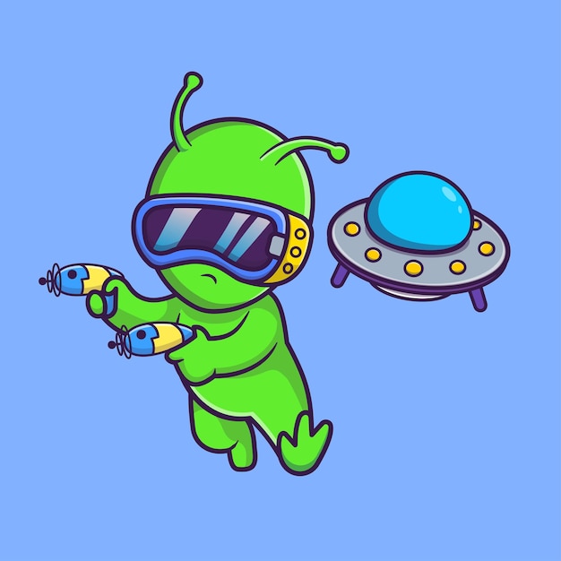 Free vector cute alien playing vr game with space gun and ufo cartoon vector icon illustration. science techno