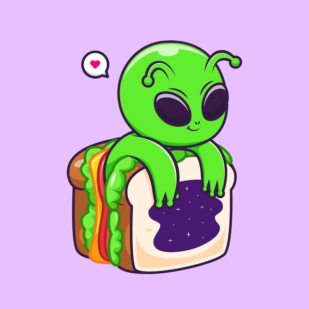 かわいいエイリアン サンドイッチ スペース漫画ベクトル アイコン イラスト 科学食品アイコン コンセプトはフラットに分離されました