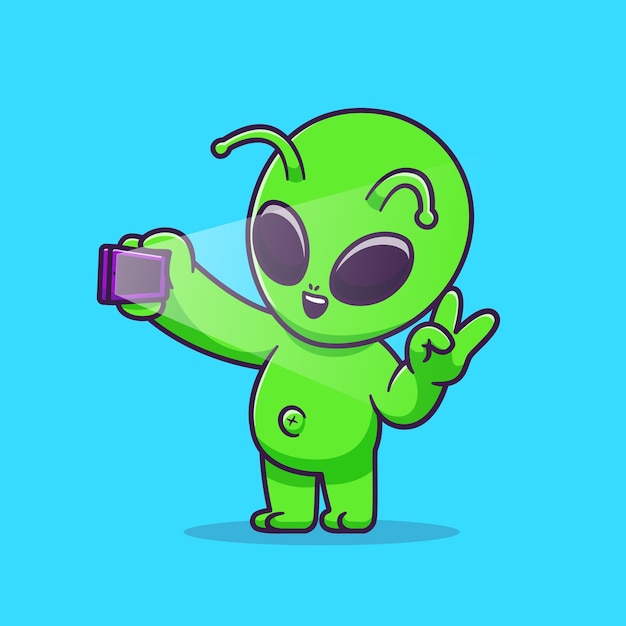 Free vector cute alien selfie with phone cartoon vector icon illustration science technology icon isolated flat