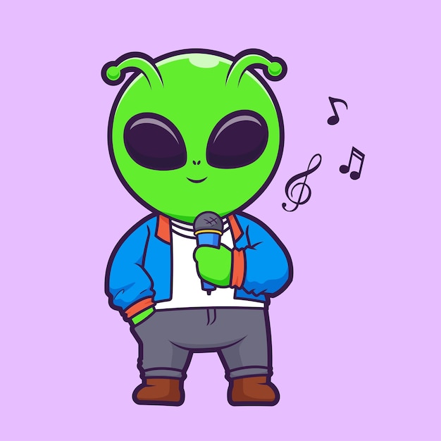 Free vector cute alien singing with microphone cartoon vector icon illustration science music isolated flat