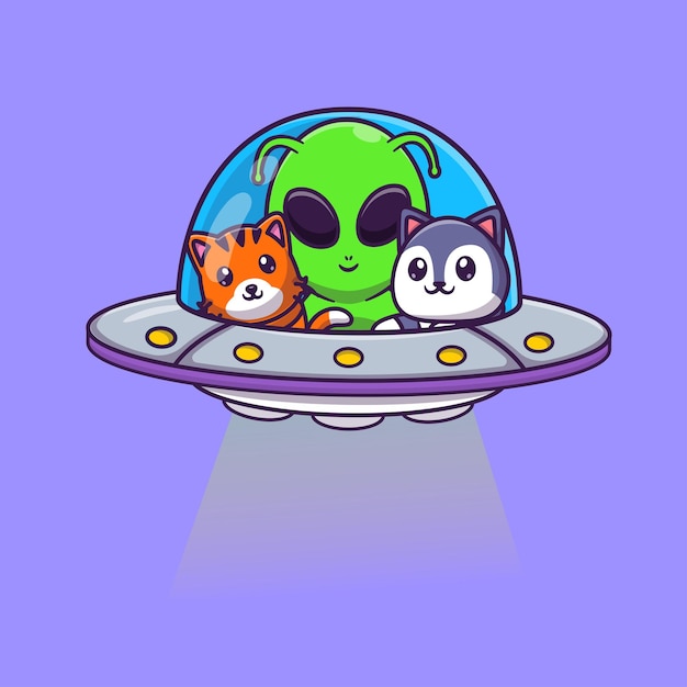 Free vector cute alien tiger and husky dog flying with ufo cartoon vector icon illustration science animal